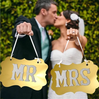 1 комплект подпори за сватба Mr & Mrs със златни пайети, Украса за парти, Фототовары за парти честит Рожден Ден