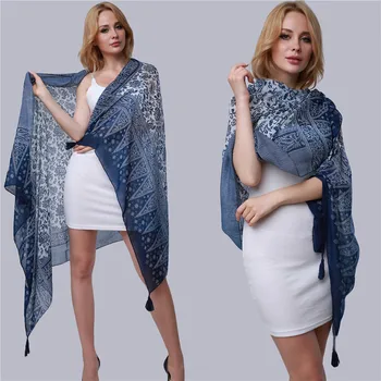 2023 Дамски Дълги шалове, Елегантни синьо-бели порцеланови тайна с пискюли и принтом, дамски плажни шалове в национален стил