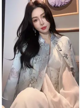 2024 есента китайски стил, елегантен топ ципао, елегантна жаккардовое дамско палто, костюм тан, кратък топ hanfu с бродерия панбакле