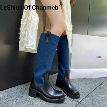 LeShion Of Chanmeb/ Дамски Обувки От естествена кожа, Уличен Шик, Многоцветни Широки Дънкови ботуши от Телешка кожа, Дамски обувки На платформа С квадратни пръсти