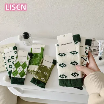 LISCNNew Зелени Реколта Дървени Чорапи С Отолог Ръба на Средна дължина С Кристали От Чист Памук, Свободни Дантелени Чорапи