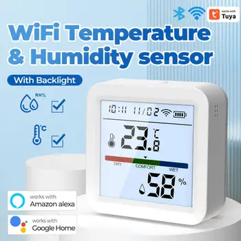 Sasha Wifi Сензор за температура и влажност на въздуха с подсветка Вътрешна влагомер, Термометър Детектор за Дистанционна поддръжка Алекса Google Home