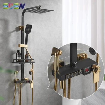 SDSN Термостатичен комплект за душ от черното злато, смесител за баня, 8-инчов дъждовна накрайник за душ, качествена месинг, цифров комплект за душ