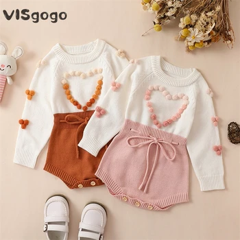 VISgogo За новородени момичета, Есенно-зимния пуловер, гащеризон с дълъг ръкав, Кожени топки в контрастен цвят, декорация във формата на сърце, Вязаное боди, дрехи