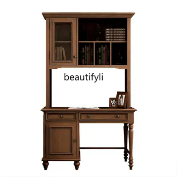 Бюро от масивно дърво в американски стил, лавица за книги, Разход на книжния шкаф, мебели за кабинет, Компютърна маса за двама, Вградена библиотека, бюро