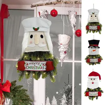 Венец на Дядо Коледа с подсветка, Коледен Окачен венец във формата на Снежен човек, подарък за антре, веранда, Коледна украса за закрити помещения