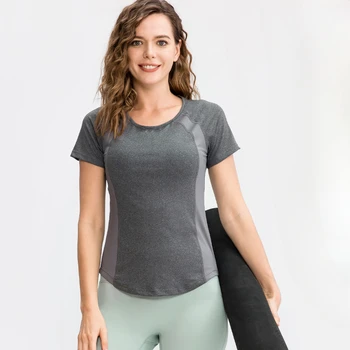 Дамски облегающая спортна тениска за практикуване на йога с къс ръкав и кръгло деколте от мрежата, дишаща, бързосъхнеща, за джогинг, фитнес.
