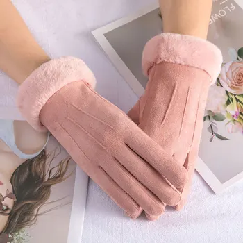 Дамски топли зимни ръкавици, с кадифени ръкавици от еленова кожа кожа, зимни велосипедни ръкавици със сензорен екран, плюшени и дебели ръкавици