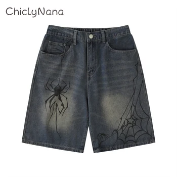 Дънкови къси панталони с паучьим принтом ChiclyNana, свободни мъжки ежедневни панталони са за пране във вода, реколта панталони в пет четвърти