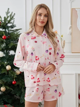 Жена комплект пижам с цветен модел от 2 части Y2k, риза с дълъг ръкав и копчета, панталони с цепка отстрани, комплект пижам
