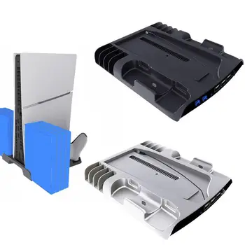 За PS5 Slim Host Мултифункционален основата на вентилатора за охлаждане + Стойка за съхранение на дискове с дръжка, двойна кука за зареждане на слушалките