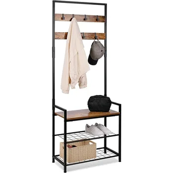 Закачалка за дрехи HOMEKOKO, пейка за обувки, пейка за съхранение в коридора от дърво, дървени мебели с акцент (кафяв / бял в селски стил) по желание
