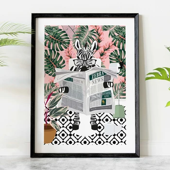 Зебра в Банята Ботаническата Плакат Джунглата Четене на Вестници Животно Стенно Изкуство Платно Картина Тропическа Баня Сафари Розово Декор