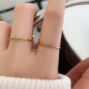 Изящни, блестящи мини-пръстен със зелен цирконием За жени, годежни пръстени от неръждаема стомана златист цвят, сватбени Коледна украса на подарък