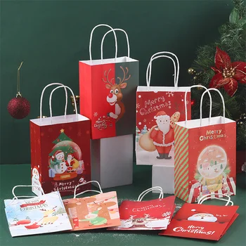 Коледен Крафт хартиена торба Опаковка Карикатура Сладък Дядо Коледа Лосове Весел Коледен Подаръчен пакет, Празнична украса Подарък Чанта