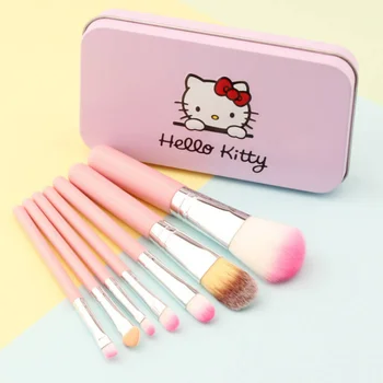 комплект четки за грим Hello Kitty, 7 бр., Sanrio, Скъпа мека многофункционална четка за грим за жените, розово-черна желязна кутия, набор от подаръци за рожден ден