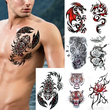 Кралят на Скорпионите Фалшиви Временни Татуировки За Мъже Жени 3D Огнен Дракон Тотем Татуировка Тигър Стикер Гърдите Ръка Лотос Роза Цветя Татуировки