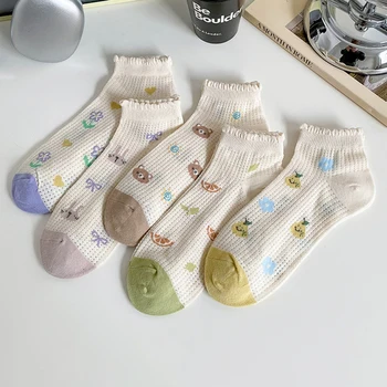 Летни Японски Чорапи-Модел Kawai, Сладки Бели Чорапи с Кружевными Волани И Рюшами, Дамски Мрежести Тънки Памучни Чорапи в стил 