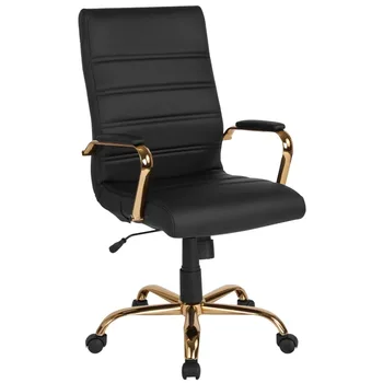 Мебели Flash С висока облегалка От мека черна кожа, Офис стол за мениджъри със златна рамка и подлакътници