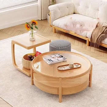 Минималистичен просто масичка за кафе в скандинавски стил за съхранение на дървесина, ниска дървена модерен кръгла масичка, малка подови помощни мебели