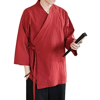Мъжки бельо яке-жилетка в китайски стил, свободна яке-кимоно, однотонная традиционно облекло Hanfu, завязывающаяся себе си, 5XL