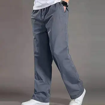 Мъжки панталони база стил, универсални мъжки панталони-карго, еластична средна талия, широки пъхтя крака, плюс размера на преките приятелка, обикновен, лъскав, леко