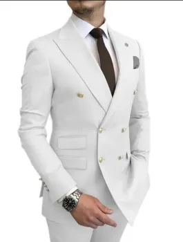 Нов мъжки костюм 2023 г. (сако + панталон + елек) Сватбена рокля White Man за бизнес банкет в бутика, Двубортный Елегантен мъжки комплект от 3 теми