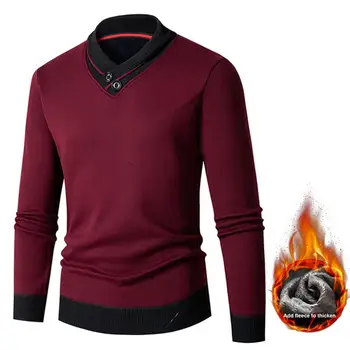Оборудвана пуловер, Мъжки вязаный пуловер в контрастен цвят с V образно деколте, еластичен дебел топъл пуловер Slim Fit Thermal за есента