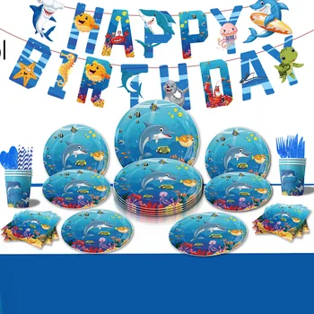 Парти с анимационни океански животни Делфина прибори за Еднократна употреба Чаша Чиния Покривка Банер Детски душ, машина за балони за рожден Ден