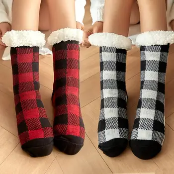 Подови чорапи Дамски чорапи в клетка с руното облицовка, изолирана Топли къси чорапи, топли кашмир вълнени чорапи, Зимни Кадифени ботуши, чорапи за сън
