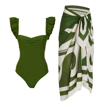 Реколта комплекти бикини със зелен принтом, Бански и пола, Дамски Секси Асиметрични Пълнозърнести празнични бански костюми, 2023 Нови плажни бански костюми
