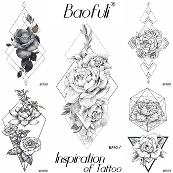 Скица Баофули Геометрична татуировка във формата на рози във формата на диамант, Временна татуировка във формата на верига от изкуствени цветя, стикер-татуировка, Черно боди-арт, татуировка на ръката и шията