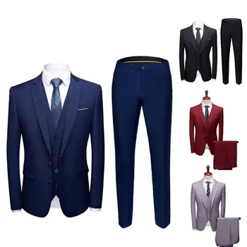 Страхотен бизнес костюм, джобове, дълъг ръкав, меки и дълги панталони, жилетка без ръкави, комплект от 3 теми, официален костюм, две копчета