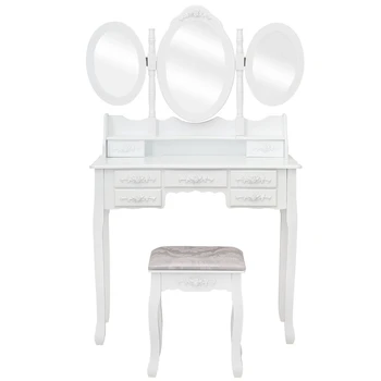 Тоалетка с Шкаф от MDF с 3 разтегателни овални огледала, 7 чекмеджета, 1 стол в бял цвят, лесен за инсталиране [в наличност в САЩ]