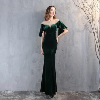 Тъмно-зелено дълга вечерна рокля Русалка от еластичен кадифе с блестящи кристали, дамски официални рокли с дължина до пода, с къси ръкави за сватба