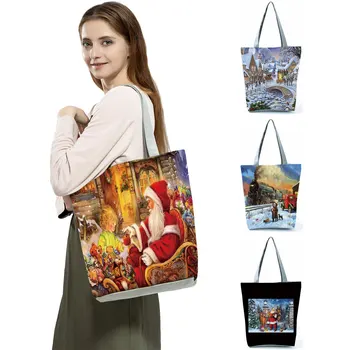 Чанта-тоут с модерен принтом Дядо Коледа, Дългогодишна сгъваема чанта за пазаруване с голям капацитет, Женствена чанта за пътуване на открито, адаптивни