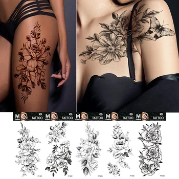 Черна стикер с фалшива татуировка във формата на Змийско цвете за жени, временни татуировки с роза и пионом, Татуировки с пренасяне на вода за момичета