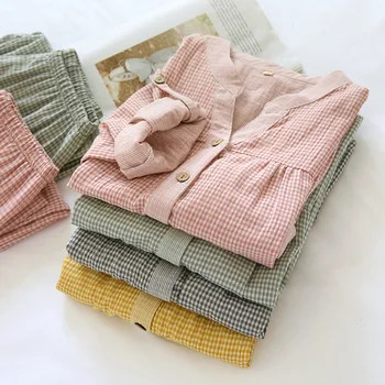 Чисто нов пролетно-есенен женски пижамный комплект от 100% памук тъкан four seasons, панталони с дълги ръкави, проста домашно облекло в клетка от две части