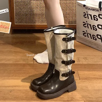 Обувки с кръгло бомбе Дамски гумени ботуши Сабо Ботуши на платформа-Женски секси високи обувки до бедрото На висок ток С висока сексуална шнур Rain Cowboy Med 2023 Този