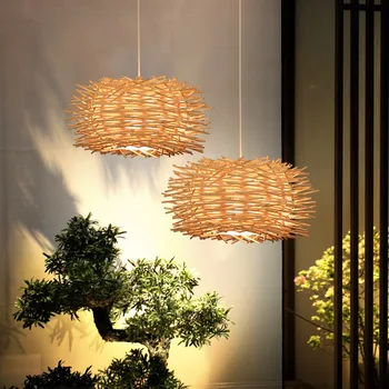 Японски бамбук полилей в китайски стил, Сплетен от ратан Окачен лампа в тавана лампа за домашно кафе-бар, украса на ресторант, Осветление
